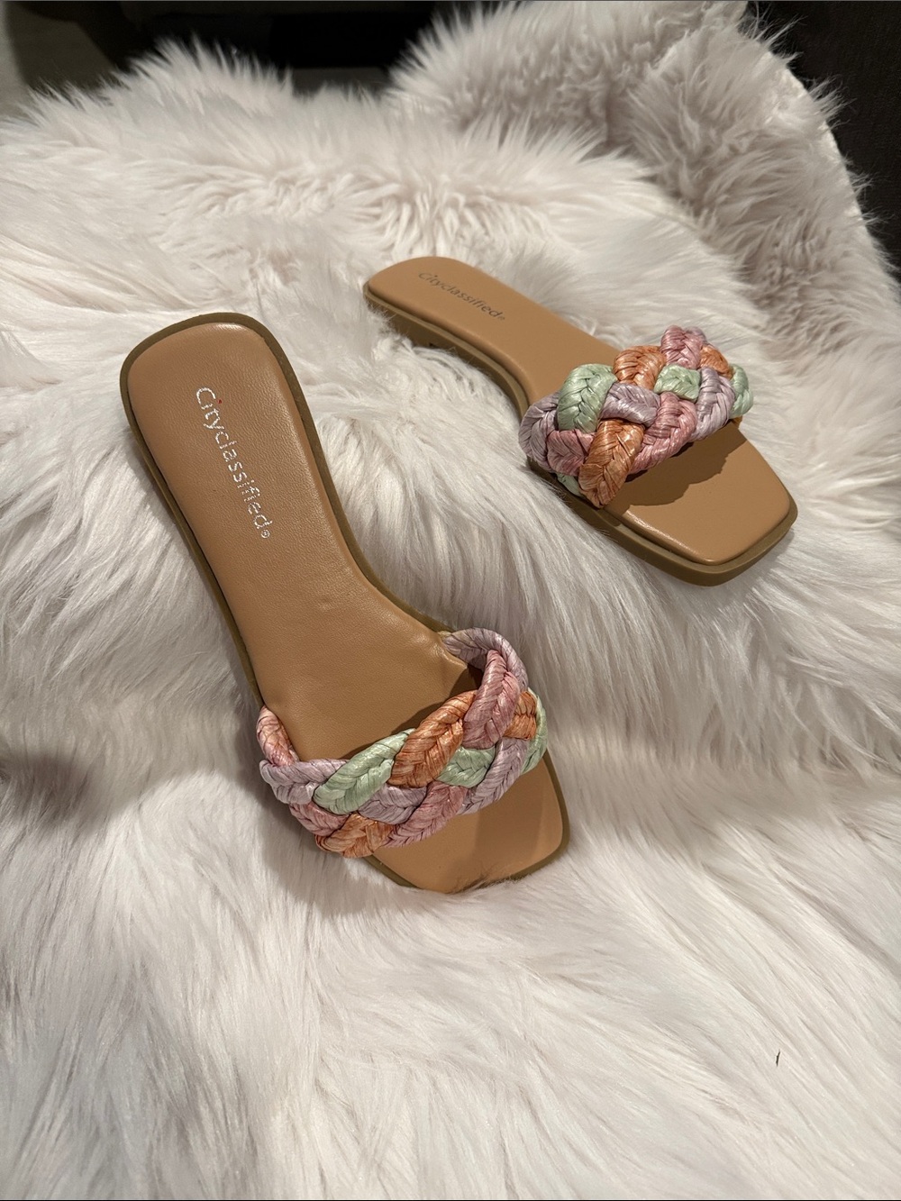 Cityclassified Camel Slide Sandals with Pastel Braided Straps